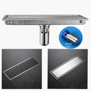 Linear Shower Floor Drain with Tile Insert Grate Removable Cover Brushed Nickle - Imagen 1 de 11
