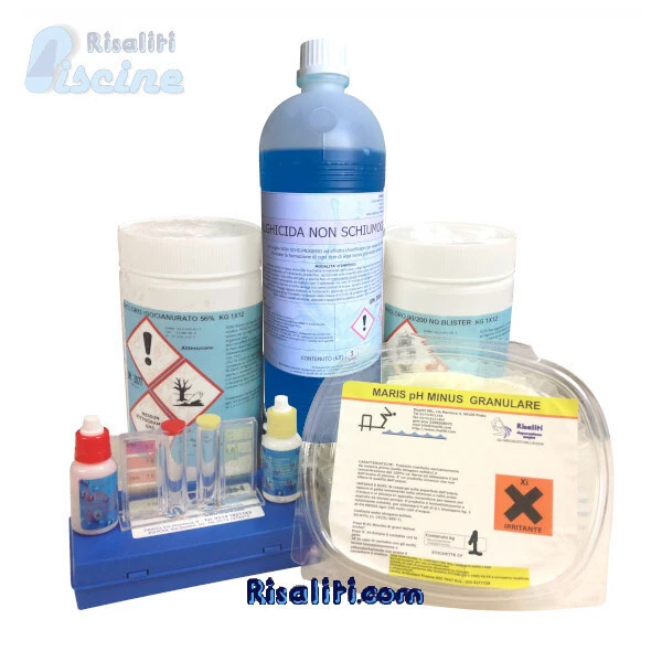 KIT MARIS PRODOTTI CHIMICI PISCINA DICLORO TRICLORO PH- ALGHICIDA TESTER PISCINA - Immagine 1 di 1
