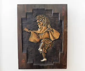 Fine Japanese Dancing Oni Robed Monk Demon Carved Wood Marquetry Panel Signed - Picture 1 of 12