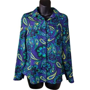 Ann Taylor Women's Petite Size 4P Blue Green Paisley Button Down Stretch Shirt - Picture 1 of 7