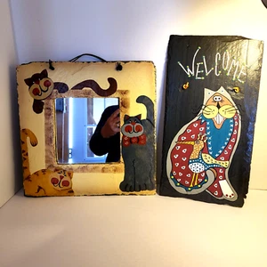 Whimisical Cats Handcrafted Slate Hanging Mirror and Welcome Sign Fun Cat Decor - Picture 1 of 12