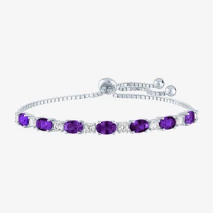 6x4mm Oval Cut Simulated Amethyst Bolo Adjustable Bracelet 925 Sterling Silver - Picture 1 of 5