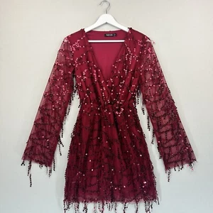 Nasty Gal Dress Womens Size 8 Red Sparkle Sequin Long Sleeve Party Festival - Picture 1 of 10