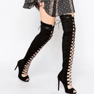 Negras Sexy Botas Sobre la Rodilla Mujeres Tacón Alto Cremallera Zapatos Peep-toe Muslo Botas Foto 1 de 4