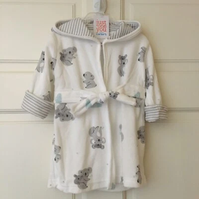 NEW Baby (0-9 M) Hooded Bathrobe Gray & White with Tacked Down Belt - Image 1 of 4