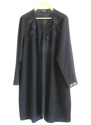 Vtg Montee Collection Duster Black Chiffon Beading Trim Long Sleeve Midi Size 18 - Image 1 of 4