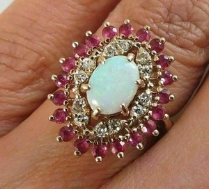 Cocktailring 3 kt ovaler Lab Created Feueropal Rubin Diamant 14 K Gelbgold vergoldet - Bild 1 von 4