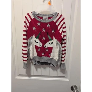Holiday Ugly Christmas Sweater Red White Unicorn Candy Stripe Girls Size XS 4-5 - Picture 1 of 4