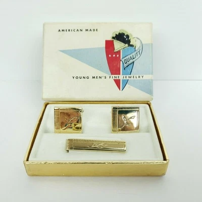 Juego de gemelos y barra de corbata vintage de joyería fina Foster diseño de hoja en tono dorado Foto 1 de 4