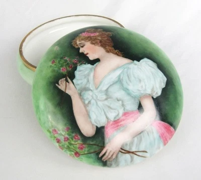 Antique Signed Hand Painted Limoges Lady Smelling Roses 7 1/2" Powder Box Jar - Image 1 of 4