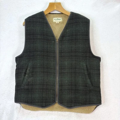Vtg LL Bean Mens L Tall Green Wool Plaid Fleece Lined Zip Up Vest Made In USA - Image 1 of 4