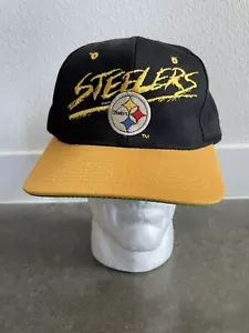 Vintage Pittsburgh STEELERS Snapback Hat Cap Adjustable NFL AJD Tag 90s Black - Picture 1 of 11