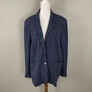 CHICOS Stretch Knit Blazer Size 3 Navy Blue Stripe Pearl Buttons XL Jacket - Picture 1 of 8