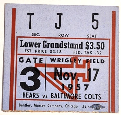 Talón de boleto de colección 17 de noviembre 1957 Baltimore Colts vs Chicago Bears TJ5 UNITAS 1 TD Foto 1 de 2