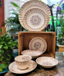 Vintage American Limoges Lyric 22K & 33K Gold Trim 7-pc Setting, Made in USA - Picture 1 of 17