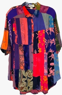 We Be B.O.P. Oversize Floral Print Patchwork Button-Up Shirt Tunic 2X Vintage - Image 1 of 4