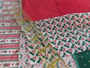 Vtg Christmas Cotton Fabric Scrap Bundle Remnants Candy Cane Birds 6 ounce