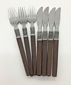 Ekco Eterna LA JOYA  (3) Dinner Forks  (4) Knives Stainless Brown Wood Handle - Picture 1 of 9