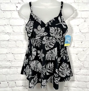 Swim Solutions Size Black Spotted Leaves Underwire Tankini Top Size 12 - Picture 1 of 5