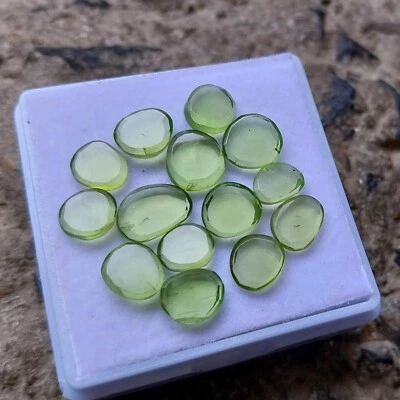 17 Ct 6.5x7 to 7x9.5 MM Natural Smooth Flat Green Color Peridot Slice 14 Pcs Lot - Image 1 of 4