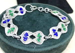 BRACCIALE ANNI 70 ARGENTO 800 CON CUORI IN SMALTO A FUOCO VERDE E BLU' - Foto 1 di 11
