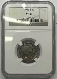 1926 S Buffalo Nickel 5¢ - NGC VF30 - Picture 1 of 3