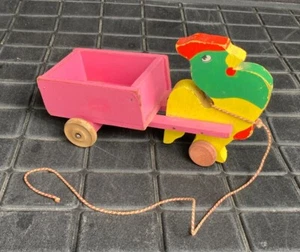 Vintage Wooden Pull-a-Long Rooster Toy on Wheels - Picture 1 of 17