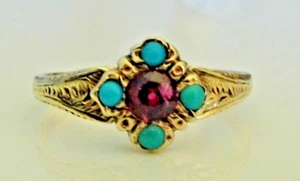 ANTIQUE VICTORIAN 9ct GOLD GARNET & TURQUOISE RING, Size O 1/2 - Picture 1 of 10