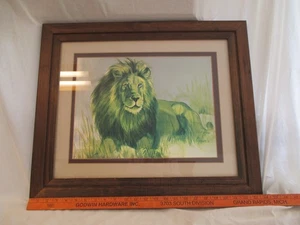 Carol Hoss Foil Lithograph Print Lion Pride Leader 1980 Solid Wood Frame 24"X20" - Picture 1 of 18