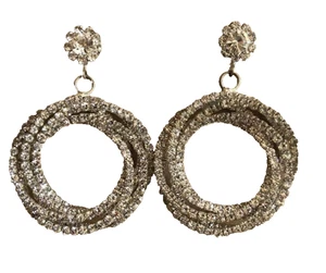 Vintage Style Hoop earrings Rhinestones Crystal & Silvertone dangle drop style - Picture 1 of 2