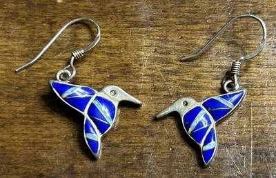 Hummingbird Lapis Lazuli Gemstone Opal Sterling Silver French Wire Earrings Foto 1 de 2