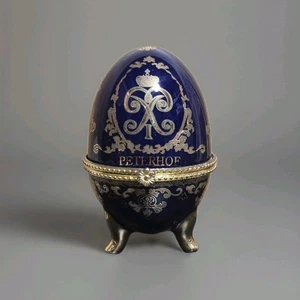 Peterhof Russian Imperial Style Trinket Egg Hinged Box Blue Gold Enamel Vintage - Picture 1 of 5