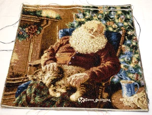 Set of 2 Dona Gelsinger Christmas Sleeping Santa w/Cat Tapestry Fabric Panel 17" - Picture 1 of 3