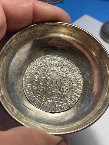 1821 Brazil 960 reis silver coin bowl; Visible Under type  Dated 1818 Cover