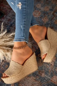 New Womens Natural Jute Raffia Open Toe Slide Sandal Platform Wedge Heel Slip-On - Picture 1 of 6