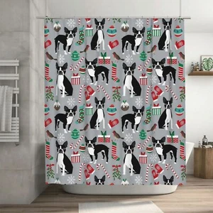 Shower Curtain Set 72x72 Inch Christmas Boston Terriers Dog with 12 Hooks Wat... - Picture 1 of 7