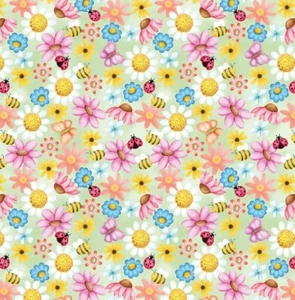 BOLT END 31 INCH Benartex Sunshine Days Flowers and Bees on Green Cotton Fabric - Picture 1 of 3