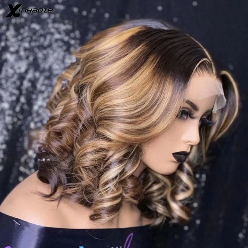 Loose Wave Bob Highlight 13x4 Lace Front Human Hair Wig Brazilian with Baby Hair - Image 1 of 4