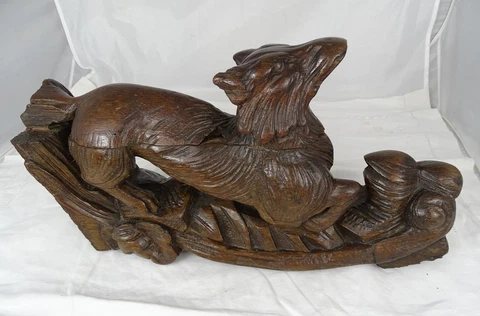 French Antique Large Carved Oak Wood Hunt Theme Sculpture Wild Fox Black Forest Cover