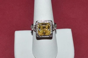 DESIGNER STERLING SILVER CLEAR AND YELLOW CZ LARGE COCKTAIL RING SIZE 8.25 - Picture 1 of 4