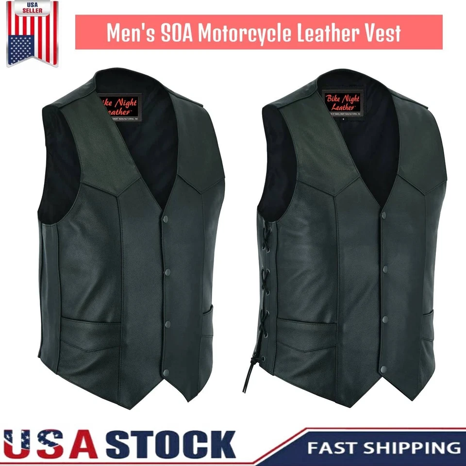 Mens Black Genuine Leather Motorcycle Vest-Multi Pockets Biker Style ANARCHY SOA - Image 1 of 1