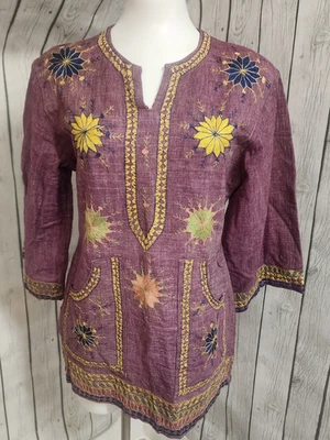 Vintage 60s 70s Boho Hippie India Embroidered Tunic Top Sz S Plum Floral - Image 1 of 4
