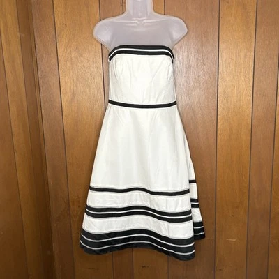 Ann Taylor Strapless Dress 6 Ivory Black Silk Blend A-Line Y2K Cocktail Preppy - Image 1 of 4