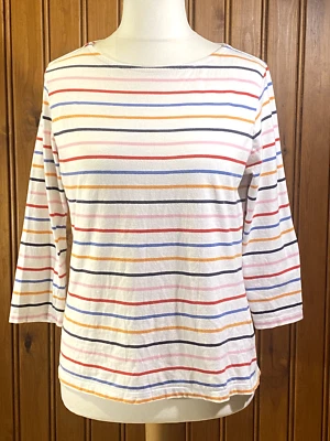 CREW CLOTHING Ladies Red Blue Mix Striped Cotton Stretch Top 3/4 Sleeve Size 12 - Image 1 of 4