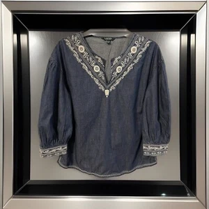 Lauren Ralph Lauren Women XL Embrorided Denim Shirt Balloon Sleeves Boho Peasant - Picture 1 of 17
