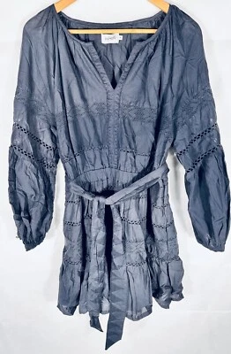 Piper Dark Navy Bohemian Mini Long Sleeve With Belt Dress Size 14 - image 1 of 4