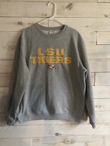 LSU Tigers Gray Embroidered Spell Out Long Sleeve Sweatshirt Size Large Cover