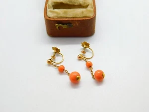 9ct Yellow Gold & Carved Ball Red Coral Drop Clip-On Earrings c1880 Antique - Picture 1 of 4