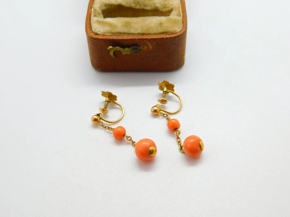 9ct Yellow Gold & Carved Ball Red Coral Drop Clip-On Earrings c1880 Antique - Image 1 of 4