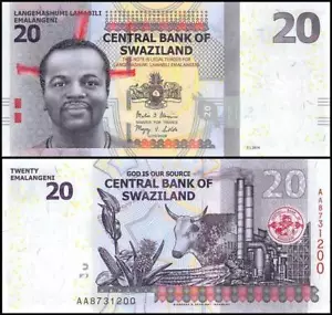 SWAZILAND (ESWATINI) 20 EMALANGENI 2014 UNC FLOWER,CORN,PINEAPPLE,STEER AND REFI - Picture 1 of 1